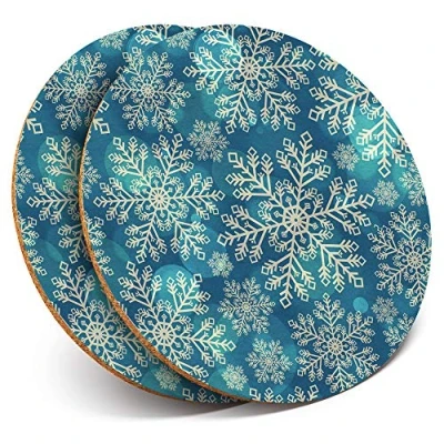 Image of Destination Vinyl ltd 2 x MDF Glossy Top Coasters Round Blue Snowflakes Vintage Christmas 12404