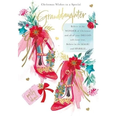 Image of Words N Wishes Special Granddaughter Christmas Card Fancy High Heels with an Embossed Foil Finish Eco Friendly