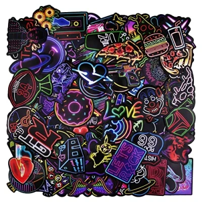 Image of URAQT Neon Stickers Pack 150pcs Cool Bumper Sticker, Personalised Vinyl Decals, PVC Waterproof Vintage Pop Art Car for Luggage, Motorcycle, Bicycle, Guitar, Skate, Laptop Graffiti Patches