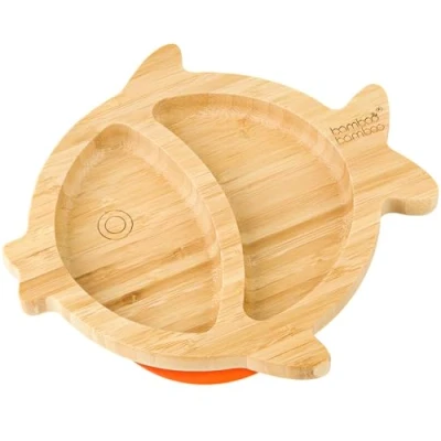 Image of Bamboo Baby Plate and Toddler Plate, Suction for Feeding Weaning, Fish with Secure Suction, Plates Babies from 6 Months (Fish, Orange)