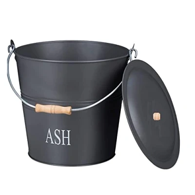 Image of Optimal Products Fireside Black Iron Coal Bucket Hod Shuttle Log Fireplace Wood Ash Storage UK (Ash with Lid)
