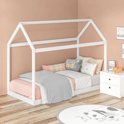 Image of HOMCOM Single Bed Frame, House Scandinavian Style Wooden Frame for 90W x 190Dcm Mattress, Pine Wood Base, White