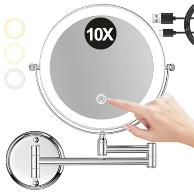 Image of REWIS 8&quot; Brass Chrome Wall Mounted Makeup Mirror with Touch Screen Dimming &amp; 3 Color Lights, Rechargeable 2 Sided 1X/10X Magnifying LED Cosmetic Mirror, Bathroom HD Lighted Shaving Mirror,C