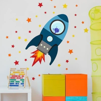 Image of Stickerscape Flying Rocket Wall Sticker (Blue Regular) Nursery Stickers, Space Decor, Decal Easy to Apply, Cleanly Removable