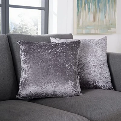 Image of Crushed Velvet Cushion Covers Luxury Plush Plain Soft Cushions Cover and Filler (Dark Grey, (45cm x 45cm) 2PC))