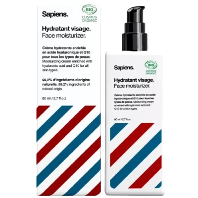 Image of Organic Men’s Face Moisturiser 80ml Sapiens BarberShop Made in France Natural Mens Cream with Hyaluronic Acid and Q10 for Beard Double Action Anti ageing fatigue