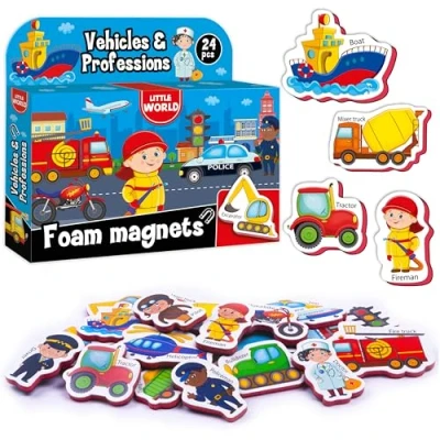 Image of Little World Large Set of 24 Foam Fridge Magnets for Kids 1 year old Learning Baby Toddlers 2 Cars and Vehicles Toddler