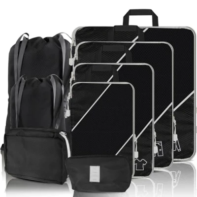 Image of SINZUX 8 PCS Compression Packing Cubes, Black Extensible Ultralight Cubes for Suitcases, Suitcase Organiser Bags Backpack Luggage, Travel and Home Storage