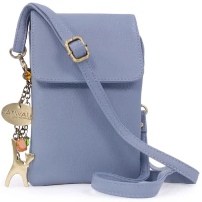 Image of Catwalk Collection Handbags Leather Phone Bag For Women Small Flapover Crossbody Adjustable Strap BILLIE Blue