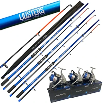 Image of 3 x LFS Blue Beachcaster Sea Fishing Rod 12ft 2pc + Lidsters Atlantic 70 Reel with line