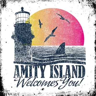 Image of Vintage Advertising Wall Tin Plaque Large Square 20x20cm Pub Shed Bar Man Cave Home Bedroom Office Kitchen Gift Metal Sign Amity Island Beach Town Welcomes You Shark Movie JAWS inspired
