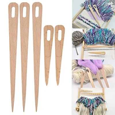 Image of 5Pcs Big Eye Knitting Needles, Wooden Weaving Crochet Needle Hand Loom Stick Fork Tapestry Tool