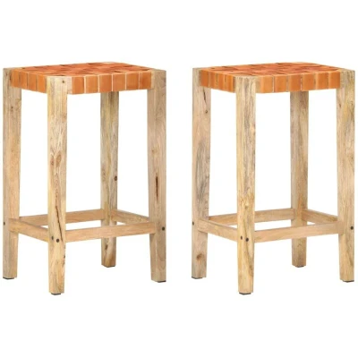 Image of vidaXL Bar Stools 2 pcs Brown Real Leather 75 cm