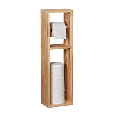 Image of Relaxdays Toilet Roll Holder, Free Standing, Wooden, Storage, Bathroom Cabinet Cupboard, HxWxD: 70x20x13 cm, Natural, 70 x 20 13 cm