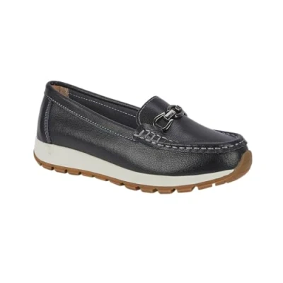 Image of Jo &amp; Joe Ladies Casual Slip On Smooth Leather Comfort Sporty Wedge Loafer with Chain Trim Sizes 4 8 (Black, UK Footwear Size System, Adult, Women, Numeric, Medium, 6)