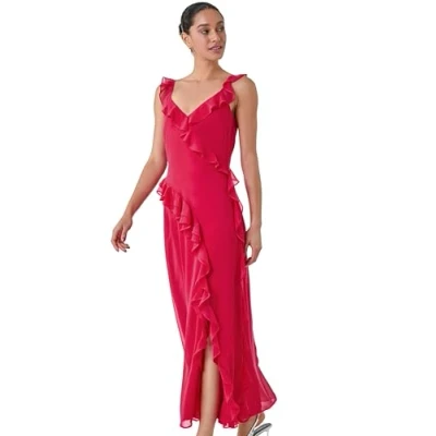 Image of Dusk Fasion Frill Maxi Dress for Women UK Ladies Everyday Holiday Spring Summer V Neckline Comfy Soft Evening Vacation Work Party Cerise Size 12