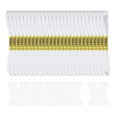 Image of Embroidery Threads 25 Skeins White, AUERVO Floss, Cross Stitch Threads, Friendship Bracelet Thread，Crafts Floss Rainbow Color with 6 Bobbins