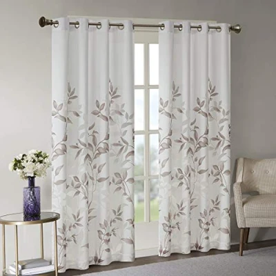 Image of Madison Park Cecily Semi Sheer SINGLE Panel Window Curtain Burnout Botanical Print, Easy to Hang, Fits up 1.25&quot; Diameter Rod, 50x84, Leaves Mauve