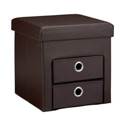 Image of Relaxdays Folding Storage Ottoman with 2 Pull Out Compartments Drawers, Footstool Total Size: 38 x cm Faux Leather Seat Pouffe Foldable Space Removable Box Stool, Brown