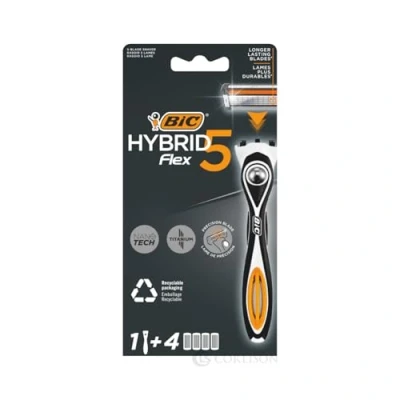 Image of BIC Hybrid 5 Flex, Men&#039;s Rechargeable Shaver, Handle and Refills with Nanotech Titanium Coated Blades Box of 1+4