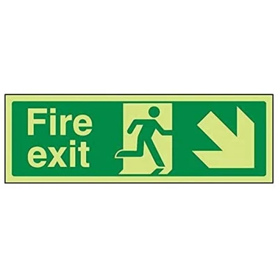 Image of V Safety Glow In The Dark Fire Exit Arrow Down Right Sign 450mm x 150mm Self Adhesive Vinyl