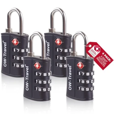 Image of TSA Approved Luggage Locks (4 Pack) OW Travel ABS 3 Digit Security Padlock, Combination Padlocks, Code Lock for Suitcase, Zipper, Luggage, Bag, Case, Backpack, Gym Locker, Tool Box, Outdoor (Black)