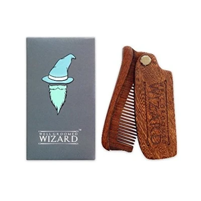 Image of Well Groomed Wizard Folding Sandalwood Beard Comb, Wooden Anti Static Grooming Comb for Men