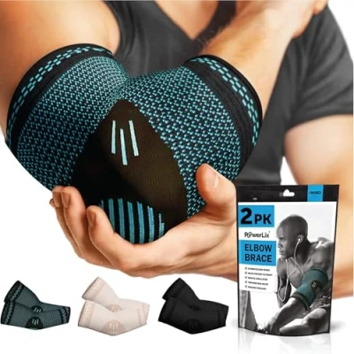 Image of POWERLIX Elbow Support for Men/Women/Kids, 2 Pack Brace Compression Arm Tendonitis, Tennis Elbow, Golfers Sleeves Sports Protection and Pain Relief, Blue, Small