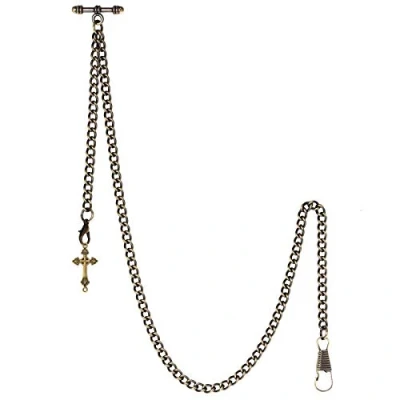 Image of TREEWETO Men&#039;s Albert Chain Pocket Watch Curb Link Key 2 Hooks with Antique Cross Bronze Pendant Design Charm Fob T Bar