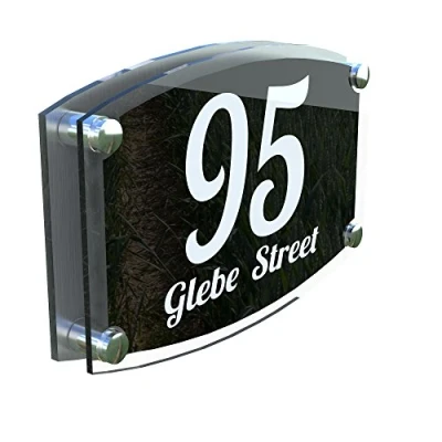 Image of MODERN HOUSE SIGN PLAQUE DOOR NUMBER STREET GLASS EFFECT ACRYLIC ALUMINIUM NAME ESTA4 1WB