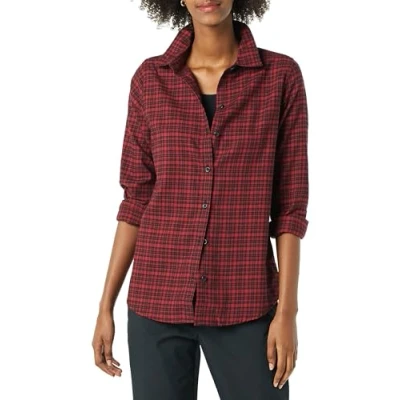 Image of Amazon Essentials Women&#039;s Classic Fit Long Sleeve Lightweight Plaid Flannel Shirt, Black Red Preppy Check, S