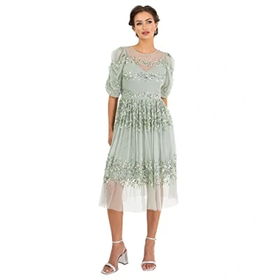 Image of Maya Deluxe Womens Midi Dress Ladies Sequin Embellished Short Sleeve for Wedding Guest Bridesmaid Prom Ball Evening Occasion Green Lily Size 20 UK