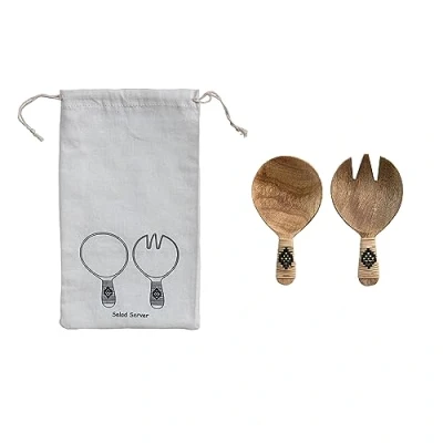 Image of Bloomingville 7 Inches Mango Wood Bamboo Wrapped Handles and Printed Drawstring Bag, Natural Black, Set of 2 Salad Server