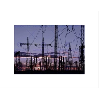 Image of Wee Blue Coo PHOTO ELECTRICITY PYLONS SILHOUETTE POWER ENERGY SUNSET FRAMED PRINT B12X8497