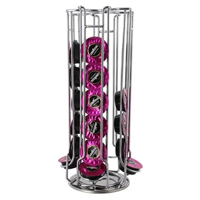 Image of Universal 32 Piece 4 Row Lavazza A Modo Mio Passionale Coffee Pod Capsule Holder Stand with 360 Rotatable Base, Chrome, Silver, 15 x 31 cm
