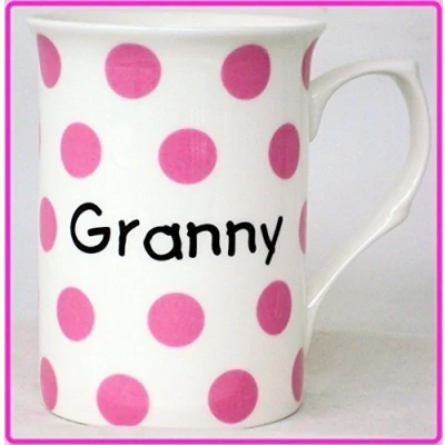 Image of Pink Spots Granny Mug Fine Bone China Hand Decorated in the UK Free Delivery