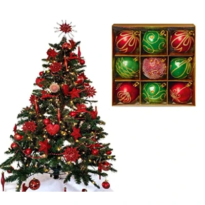 Image of 9pc Luxury Premium Baubles, Christmas Tree Bauble Decorations Matte, Glitter, shiny &amp; Frosted (6cm) (Red Green)
