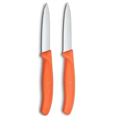 Image of Victorinox Swiss Classic Orange 8cm Serrated/Straight 2 Piece Pointed Tip Paring Knife Box Set