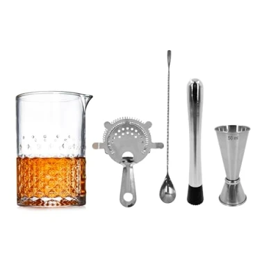 Image of 5 Piece Cocktail Mixing Glass Set 24oz Durable Jug with Weighted Base, Hawthorne Strainer, 25/50ml Jigger, Spoon &amp; Muddler Perfect for Home or Bar Use (Stainless Steel)