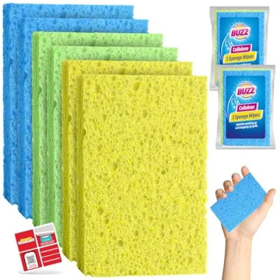 Image of SOL 6pk Cellulose Sponge Highly Absorbent Kitchen Sponges, Household &amp; for Dishes, Bathroom Sink, Reusable Cleaning Sponges Safe All Surfaces, Washing Up + Sticker