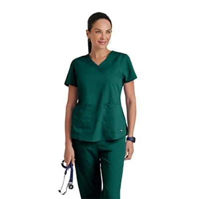 Image of Barco Grey&#039;s Anatomy Women&#039;s 71166 Two Pocket V Neck Scrub Top With Shirring Back, Hunter Green, Small