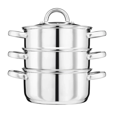Image of Cooks Professional 3 Tier Steamer Pan 20cm Stainless Steel Pots with Tempered Glass Lid &amp; Vent Twin Handles Induction Hob Compatible Vegetable