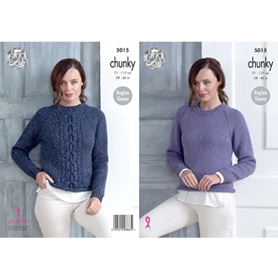 Image of King Cole Ladies Chunky Knitting Pattern Raglan Sleeve Plain or Cable Panel Sweater (5015)