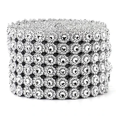 Image of Bestenrose Rhinestone Flower Diamond Mesh Wrap Roll Faux Crystal Ribbon for Wedding Birthday Decorations Arts Crafts 6 Rows 10 Yard/Roll (Silver)