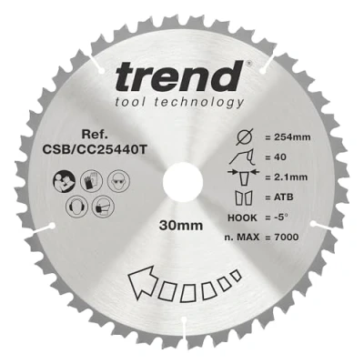 Image of Trend Wood Cordless Mitre Saw Blade, 254mm Diameter, 30mm Bore, 60 Teeth, TCT, 2.5mm Kerf, 5 Hook, CSB/CC25460T