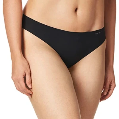 Image of DKNY Women&#039;s Seamless Litewear Cut Anywhere Thong Panty, Black/Graphite, Large