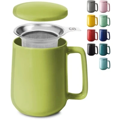 Image of Cosumy Tea Cup with Infuser and Lid 500ml Large Ceramic Mug Long Warmth Scratch Resistant Dishwasher Safe (Matcha Green)