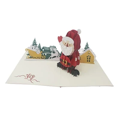 Image of Christmas 3D Pop Up Card Card, Handmade Greeting for New Year, Holiday Friends Family (Santa &amp; Reindeer)