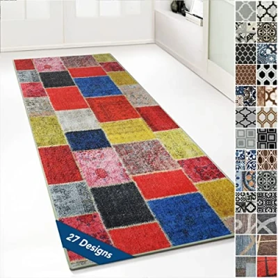 Image of Design Carpet Runner Rug Floor Mat, Non Slip Mat for Kitchen Hallway Living Room Bedroom Vintage Ornament Classic Modern (80 x 400 cm, Monsano Colourful)