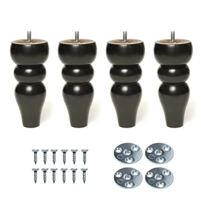 Image of 6’’ Wooden Bun Furniture Replacement Legs Feet Black Colour Beech Wood M8 Thread Level Mounting Plates Set Of 4 For Sofa Cabinet Footstool Chair Bed Ottoman TALLIN 15 CM